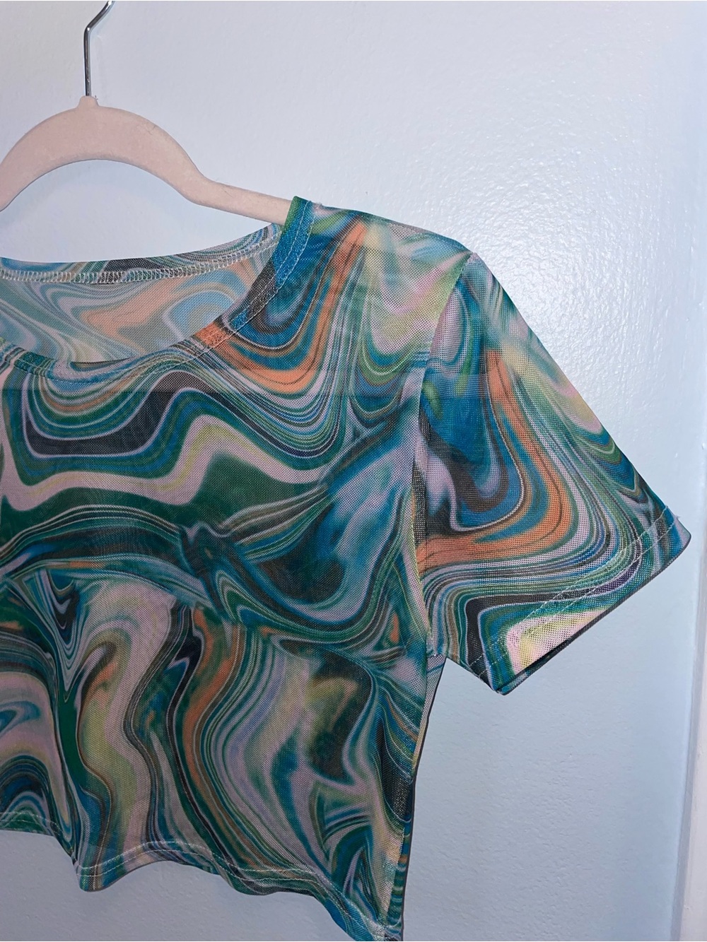 Womens Short Sleeve Swirl Print Mesh Top - Teal Multi - Picture 2 of 4